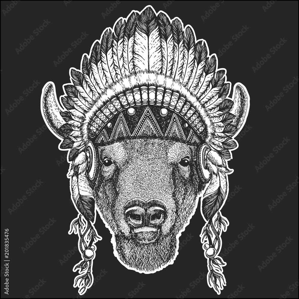 Buffalo, bison,ox, bull Cool animal wearing native american indian headdress  with feathers Boho chic style Hand drawn image for tattoo, emblem, badge,  logo, patch Stock Vector | Adobe Stock