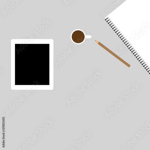 Notebook, Tablet, pencil and coffee cup with copy space isolated on background.Vector illustration