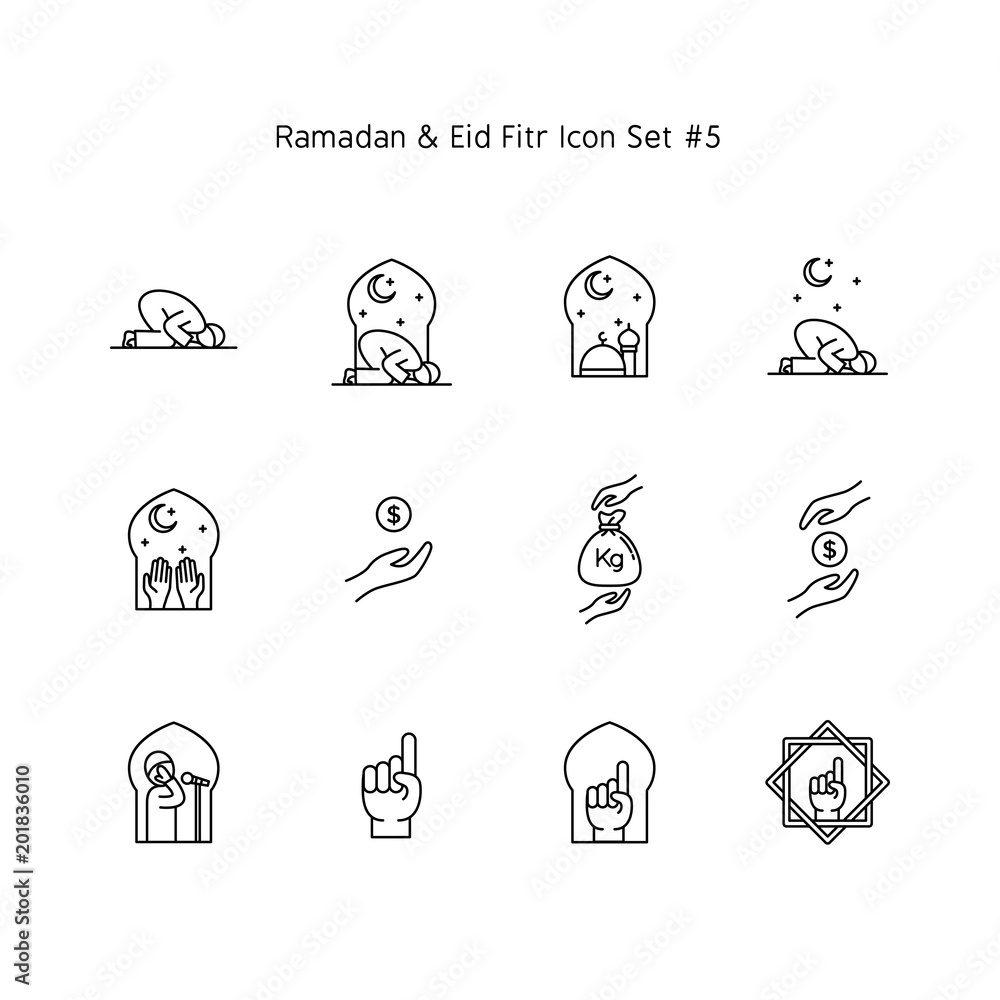ramadan kareem and eid al fitr simple line icon set. Islam tradition, muslim holiday illustration