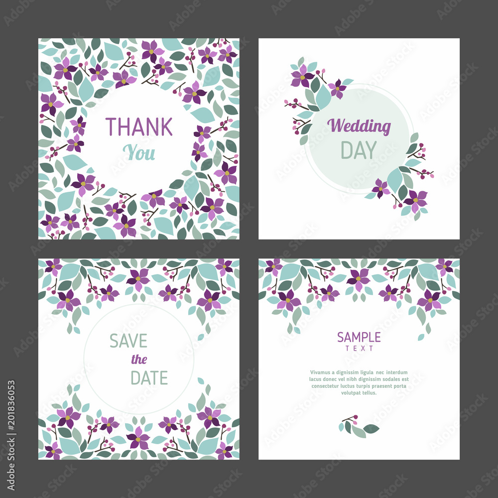 Set of cards with floral design elements. Wedding ornament concept. Vector layout decorative greeting card or invitation design background