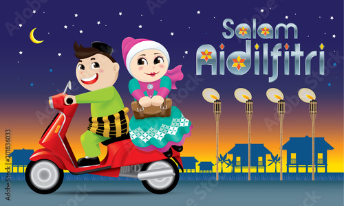 A couple is on the way back to their hometown, ready to celebrate Raya festival with their family. The words "Salam Aidilfitri" means happy Hari Raya.