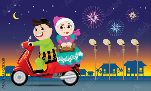 A couple is on the way back to their hometown, ready to celebrate Raya festival with their family.
