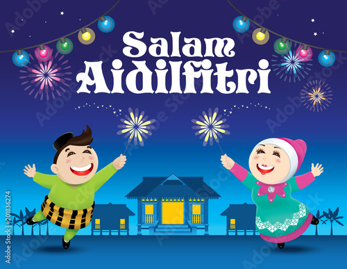 A boy and a girl is playing with fireworks during their Raya festival celebration. With village scene. The words "Salam Aidilfitri" means happy Hari Raya.