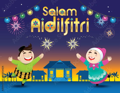 A boy and a girl is playing with fireworks during their Raya festival celebration. With village scene. The words "Salam Aidilfitri" means happy Hari Raya.