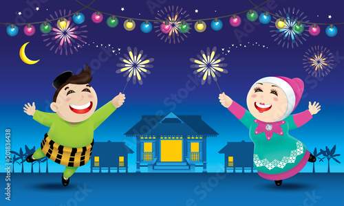 A boy and a girl is playing with fireworks during their Raya festival celebration. With village scene. 