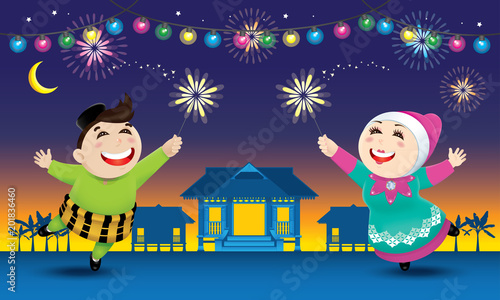 A boy and a girl is playing with fireworks during their Raya festival celebration. With village scene. 
