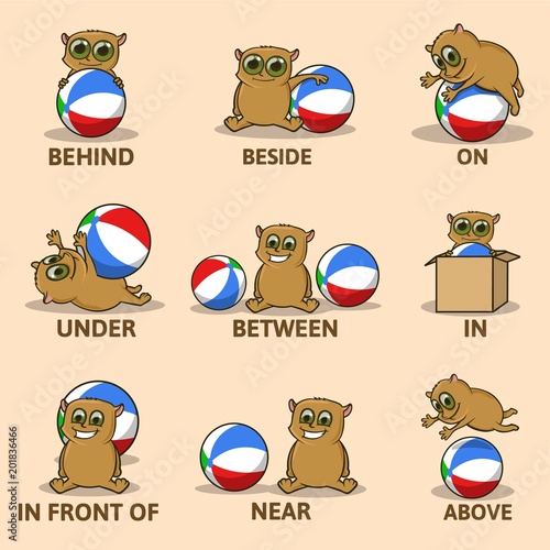 Table of prepositions of place with funny animal character. English for children. Educational visual material for kids. Colourful comic character playing wiyh ball. Vector infographics illustration.