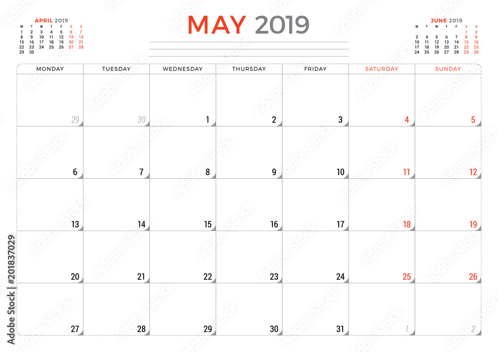 May 2019. Calendar planner stationery design template. Vector illustration May 2019. Calendar planner stationery design template. Vector illustration