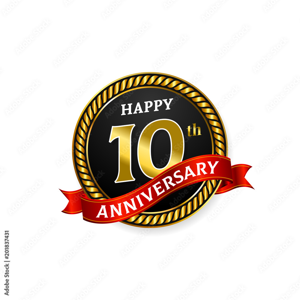 Fototapeta premium Happy 10 years golden anniversary logo celebration with ring and ribbon.