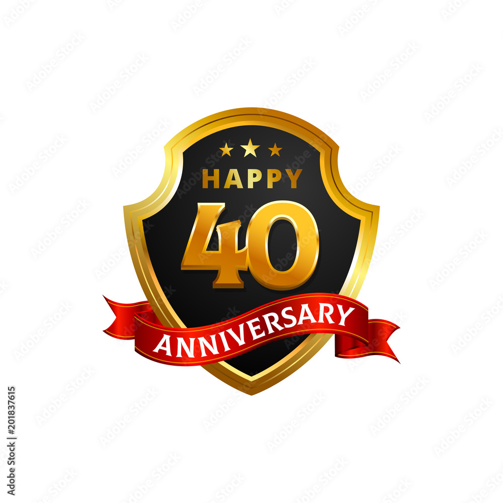 Happy 40 Anniversary Golden Shield badge logo with ribbon Happy 40 Anniversary Golden Shield badge logo with ribbon