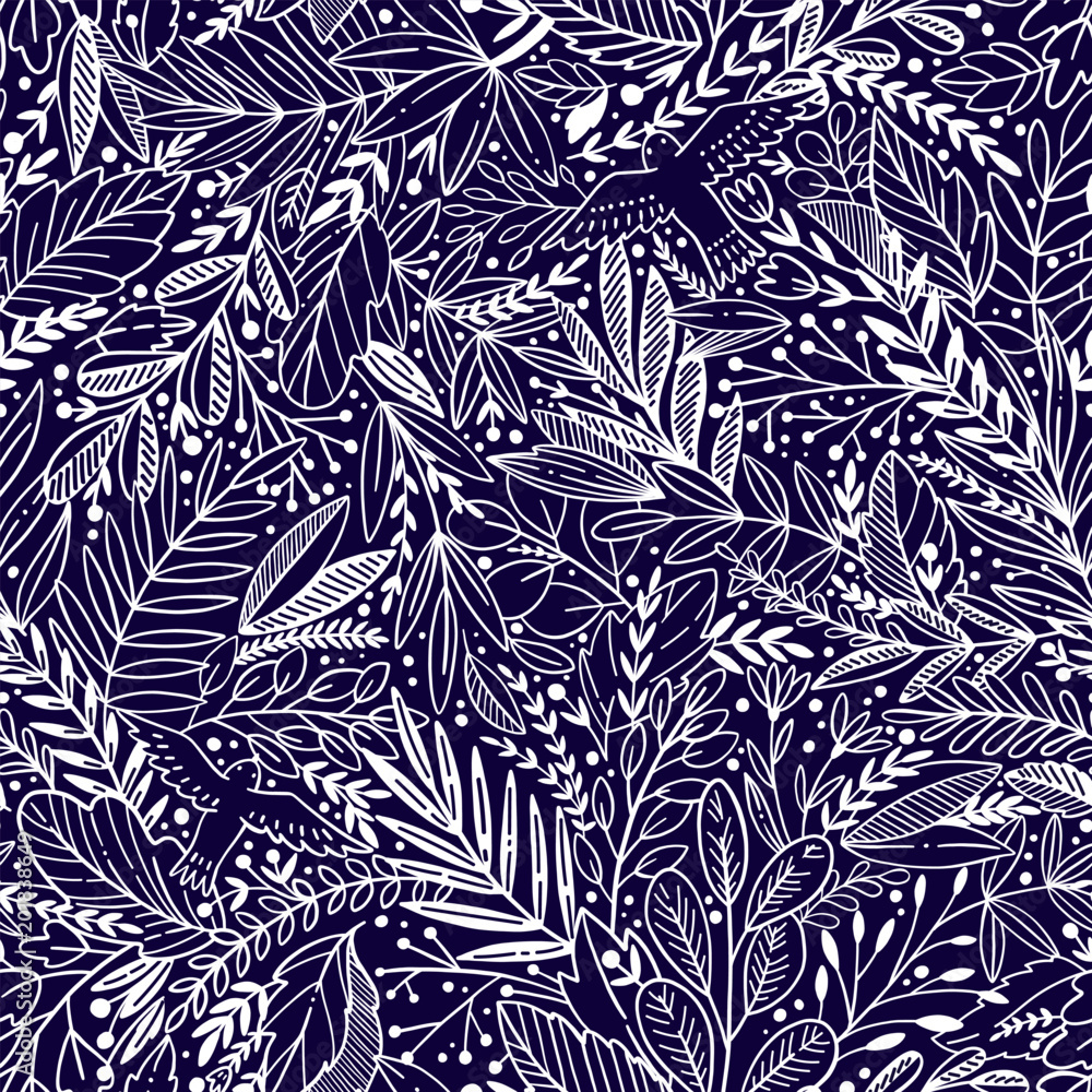 Vector floral seamless pattern with exotik leaves and birds