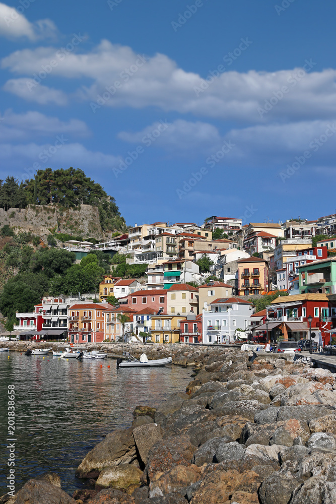colorful buildings and old fortress Parga Greece