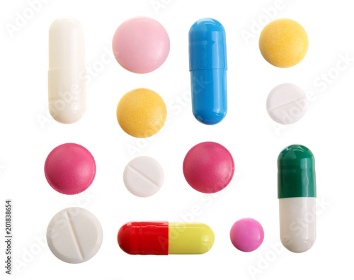 multicolor pill capsule isolated on white background. Top view. Flat lay. Set or collection