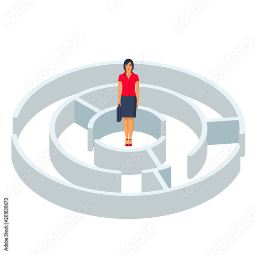Business challenge. Search for a solution to the problem. Businesswoman stands in middle of a maze. Man in labyrinth business metaphor. Vector illustration flat design. Isolated on white background.