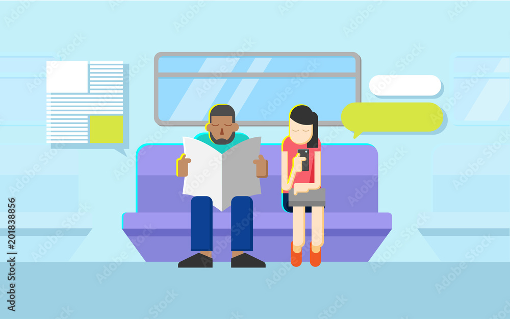 People reading newspaper and smartphone in same train People reading newspaper and smartphone in same train