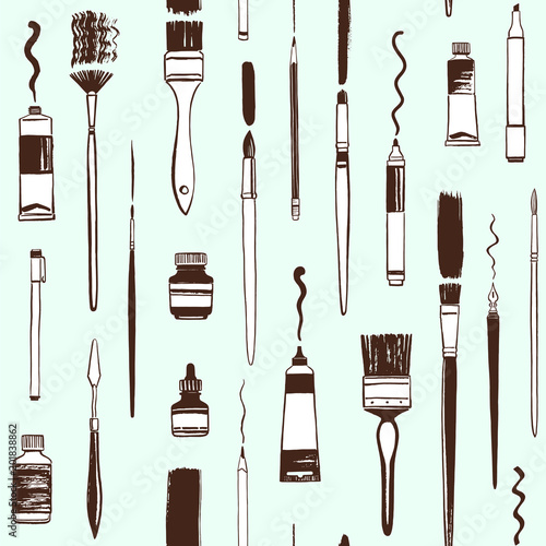 Art tools, supplies seamless repeat pattern. Hand drawn illustration of fan, flat, watercolor brushes with strokes, nib pen, ink bottle, gouache jar, oil or acrylic tube, crayon, pencil, spatula.