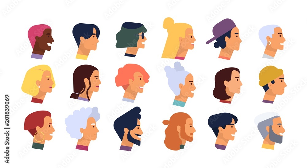 Collection of profile portraits or heads of male and female cartoon  characters with various hairstyles and accessories isolated on white  background. Set of avatars. Vector illustration in flat style. Stock Vector  |