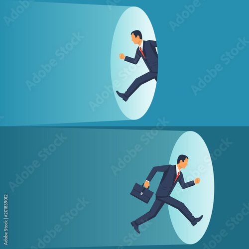 Man businessman runs through the portal. Fantasy teleport. Vector illustration flat design. Isolated on white background.