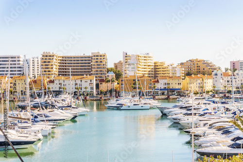 Marina full of luxurious yachts in touristic Vilamoura  Algarve  Portugal