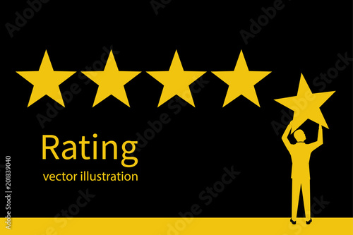 Star rating silhouette. Man holding gold star in hand, to give five. Feedback concept. Evaluation system. Positive review. Vector illustration flat design. Isolated on white background. Quality work.