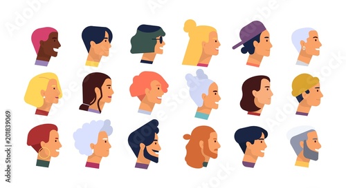 Collection of profile portraits or heads of male and female cartoon characters with various hairstyles and accessories isolated on white background. Set of avatars. Vector illustration in flat style.