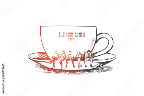 Business lunch concept. Hand drawn Business people meeting and eating lunch. Symbolic big cup of coffee isolated vector illustration.