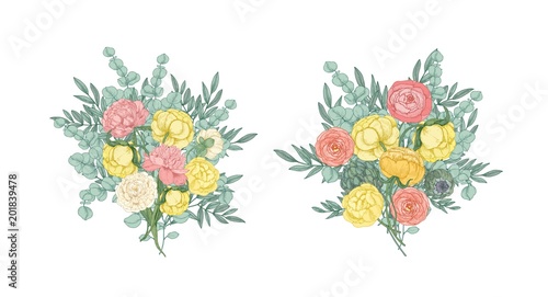 Bundle of beautiful bouquets or bunches of yellow and pink garden blooming flowers and flowering plants isolated on white background. Collection of floristic design elements. Vector illustration.