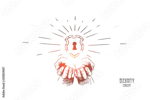 Security concept. Hand drawn human hands with security icon shield. Lock security icon isolated vector illustration.