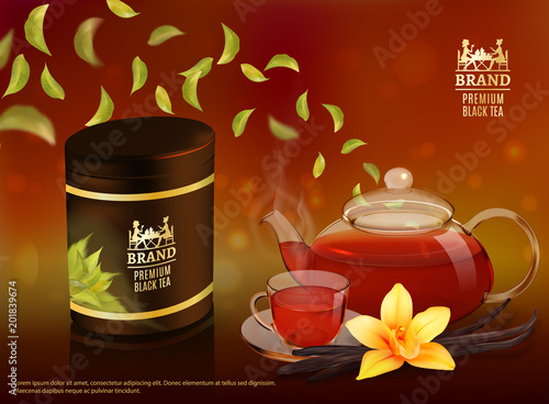 Tea advertising flyer, poster or banner template. Black tea ad, with tea leaves, glass cup, teapot, package jar and vanilla. 3d illustration. Quality realistic vector