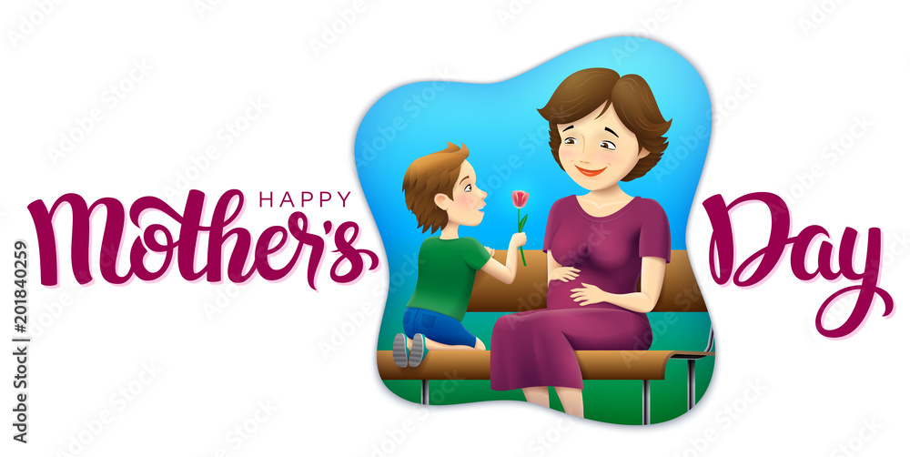 Vector Happy Mother`s Day greeting card. Illustration of a son bestowing a flower to his pregnant mom. Vector Happy Mother`s Day greeting card. Illustration of a son bestowing a flower to his pregnant mom.