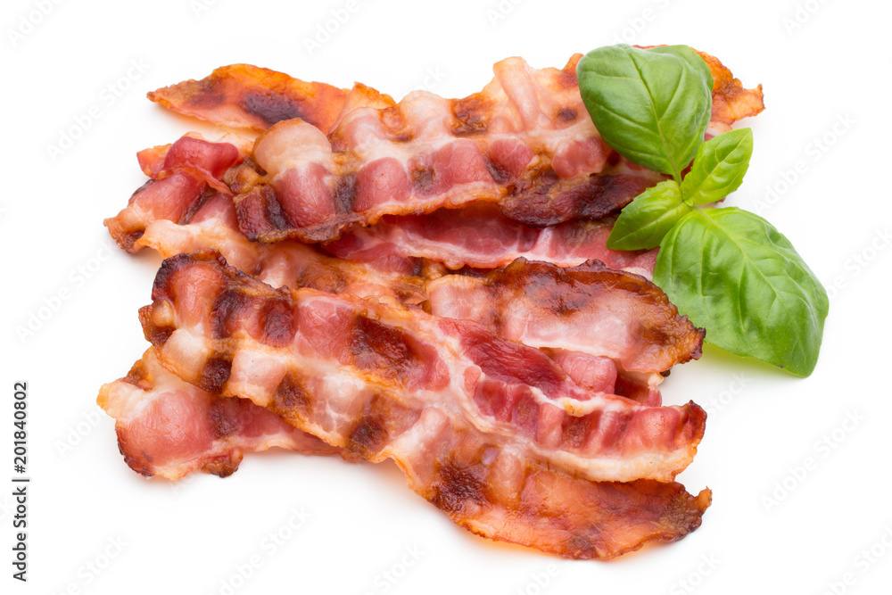 Cooked bacon rashers isolated on white. Cooked bacon rashers isolated on white.