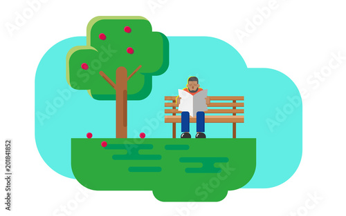 Man sitting on a bench in the park, reading newspaper, flat graphic style