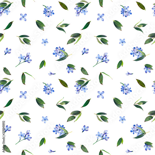 Seamless pattern  blooming blue lilac and green foliage. Illustration by markers  beautiful floral composition on a white background. Imitation of watercolor drawing.