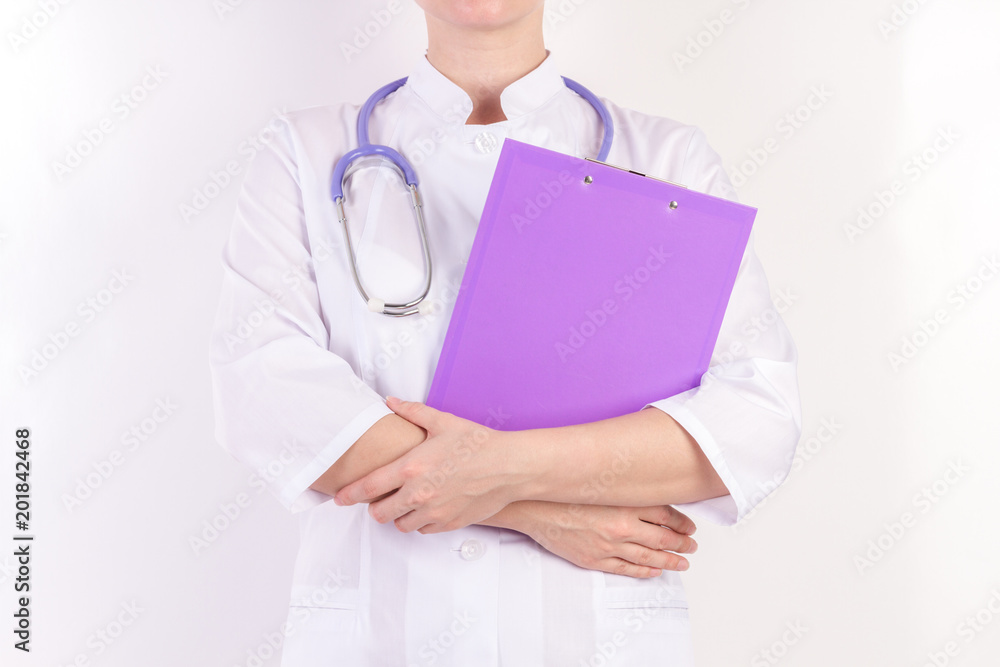 Doctor in white robe with stethoscope, with folder in hand, on white isolated background. Doctor in white robe with stethoscope, with folder in hand, on white isolated background.