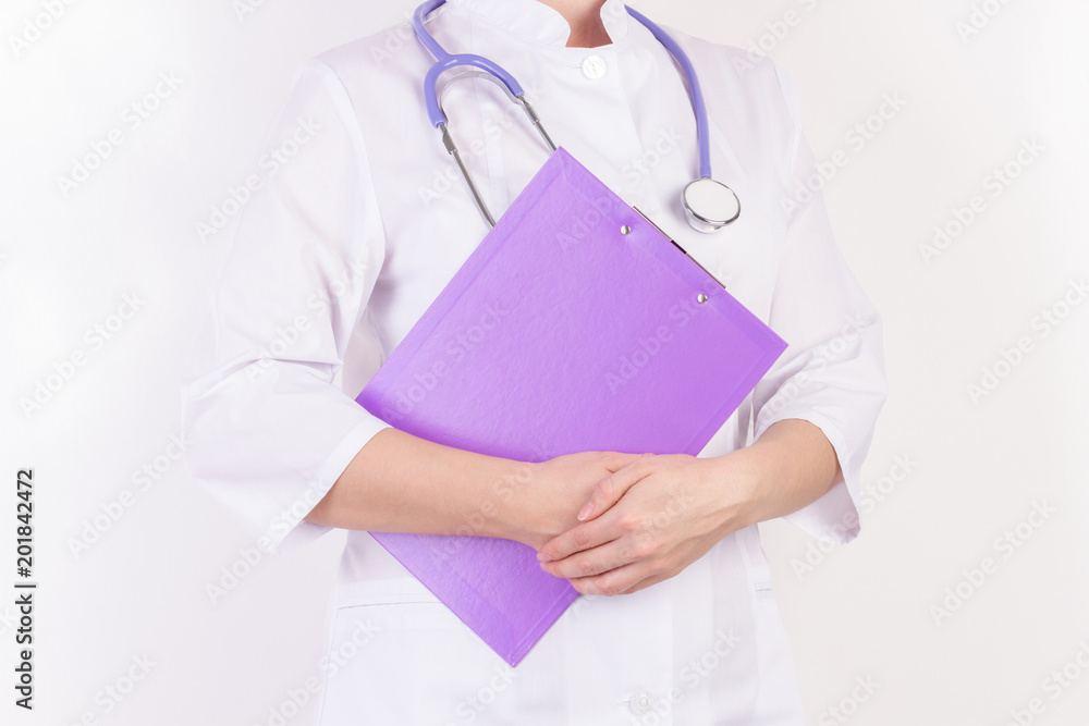 Doctor in white robe with stethoscope, with folder in hand, on white isolated background. Doctor in white robe with stethoscope, with folder in hand, on white isolated background.