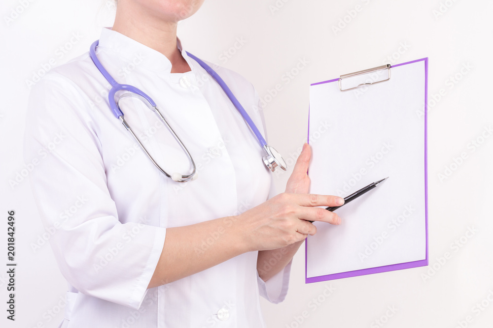 Doctor in white robe with stethoscope, with folder in hand, on white isolated background. Doctor in white robe with stethoscope, with folder in hand, on white isolated background.