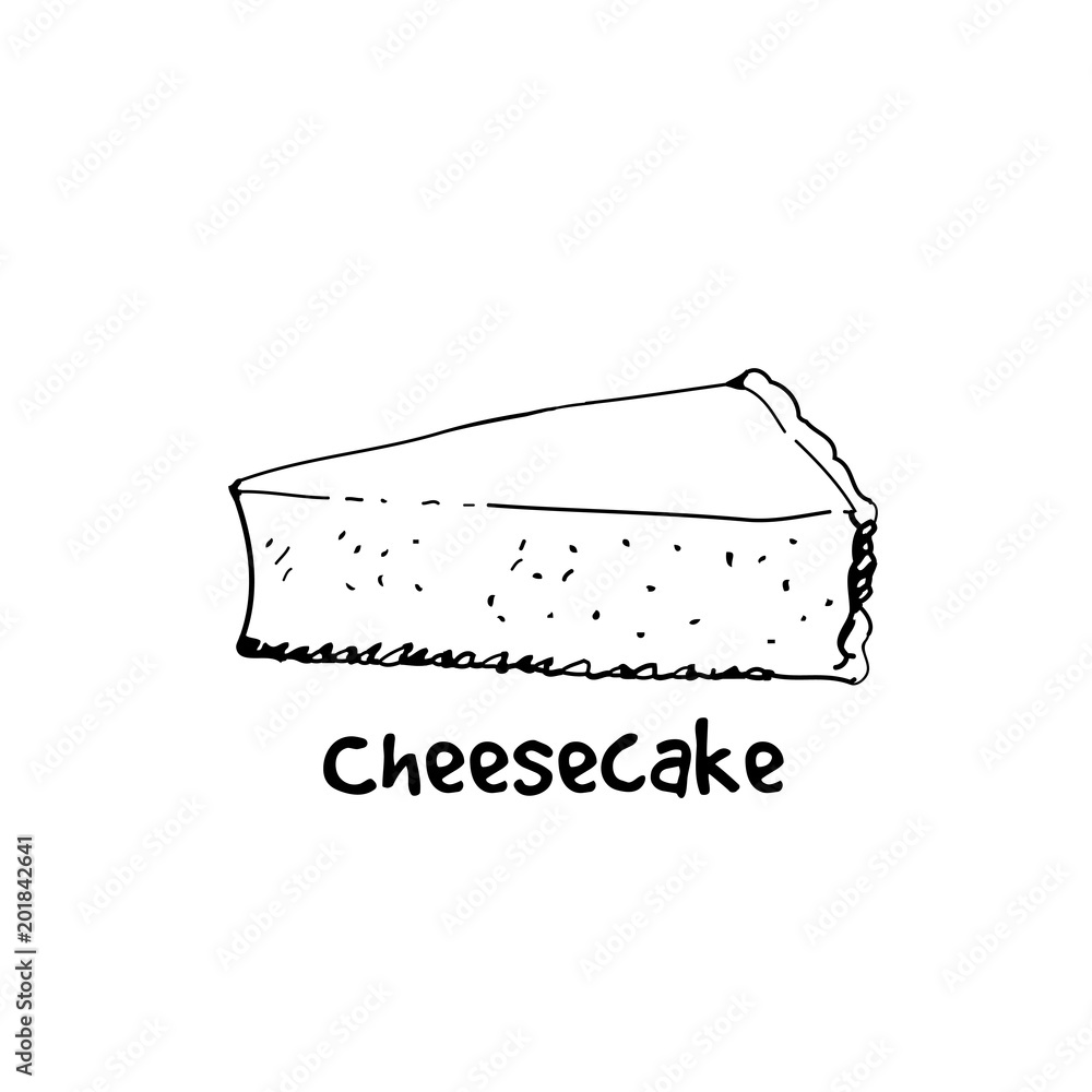 Hand drawn cheesecake, piece of classic cheesecake. Sketch, vector