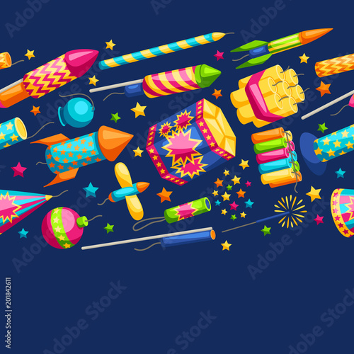 Seamless pattern with colorful fireworks. Different types of pyrotechnics, salutes and firecrackers