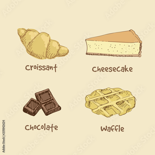 Hand drawn set of desserts. Croissant, cheesecake, chocolate and waffle. Sketch, vector illustration.
