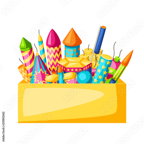 Background with colorful fireworks. Different types of pyrotechnics, salutes and firecrackers