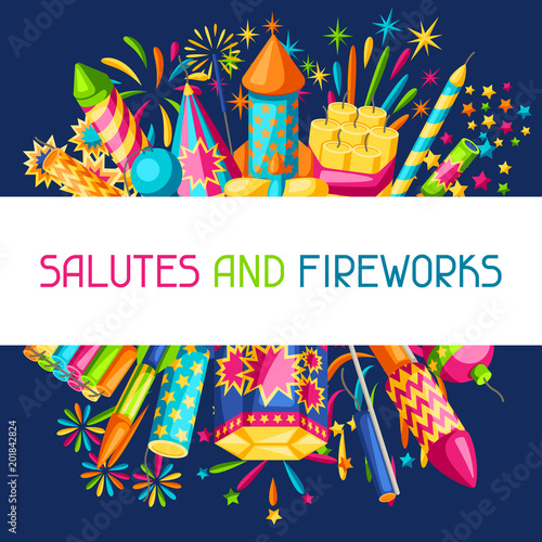 Background with colorful fireworks. Different types of pyrotechnics, salutes and firecrackers