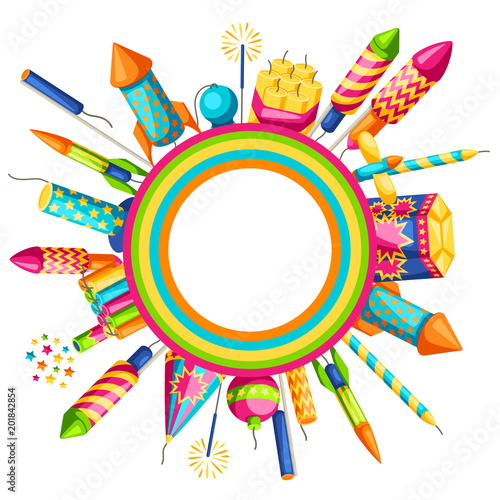 Background with colorful fireworks. Different types of pyrotechnics, salutes and firecrackers