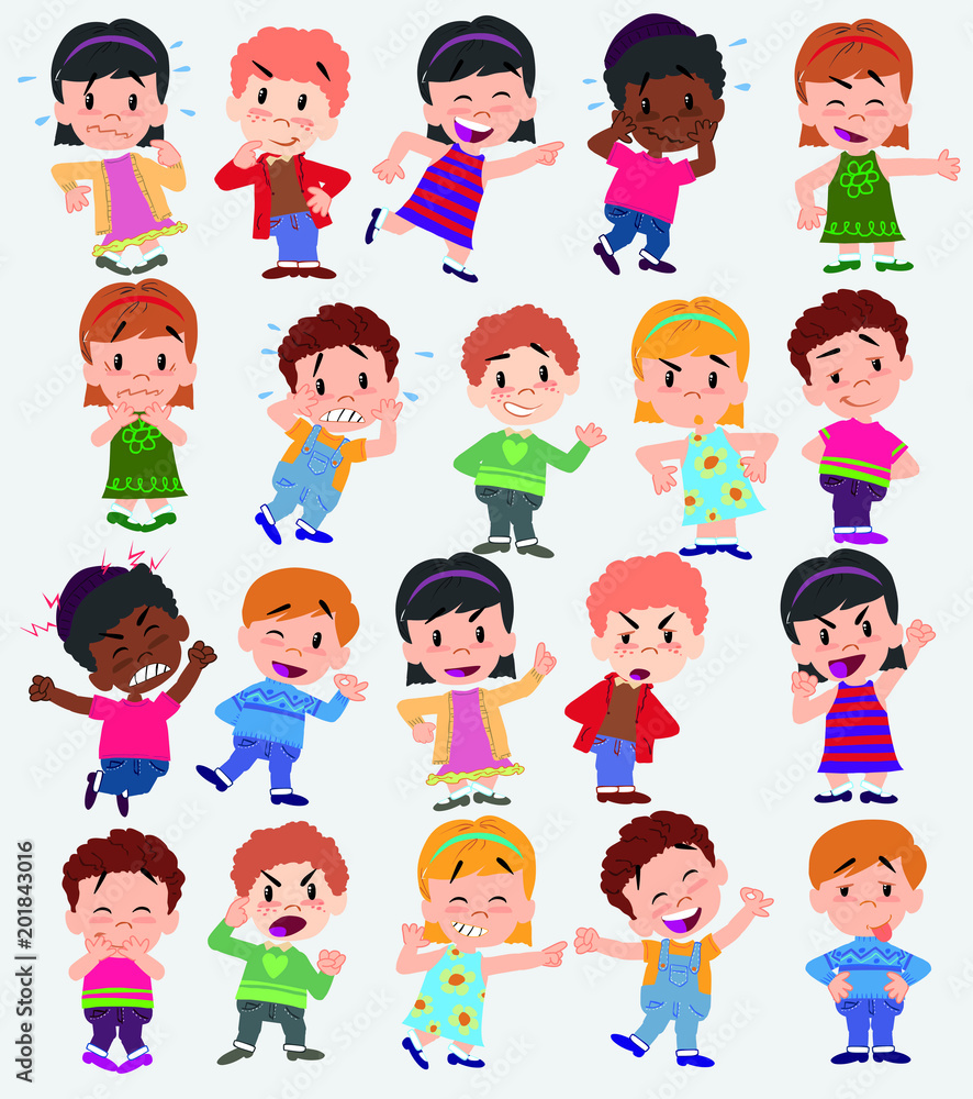 Cartoon character boys and girls. Set with different postures, attitudes and poses, doing different activities. Vector illustrations.