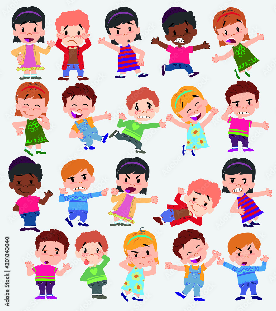 Cartoon character boys and girls. Set with different postures, attitudes and poses, doing different activities. Vector illustrations. Cartoon character boys and girls. Set with different postures, attitudes and poses, doing different activities. Vector illustrations.
