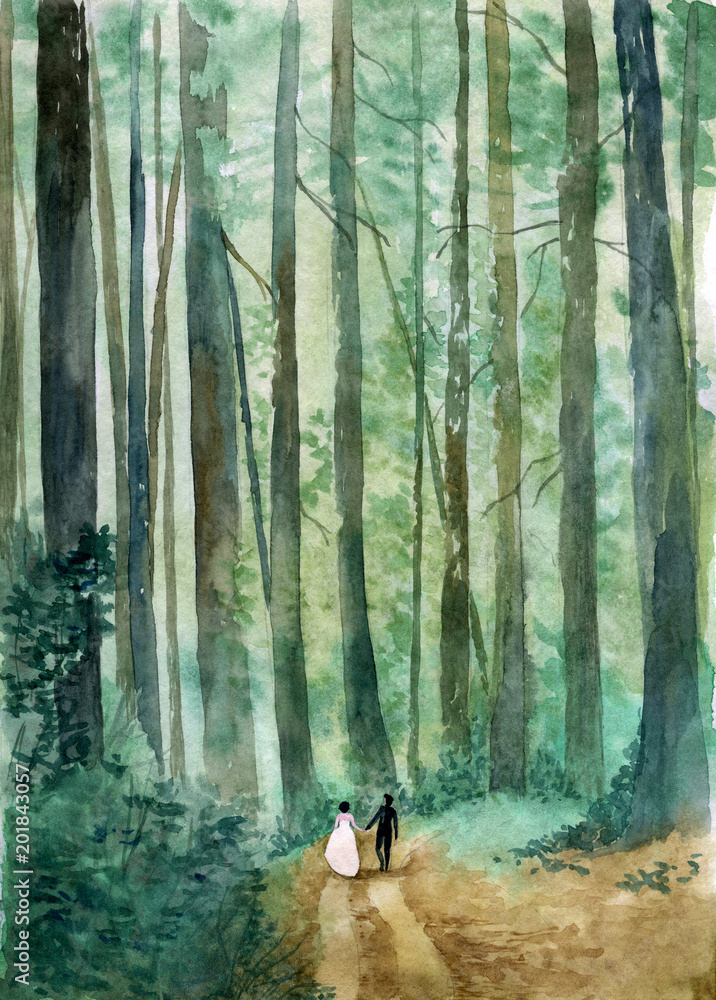 Obraz Akwarela lasy krajobraz z parą państwa młodzi odprowadzenie wzdłuż lasowej drogi. Szablon ślub zaproszenia lub menu z miejscem na tekst. Idealne na wesela w lesie.