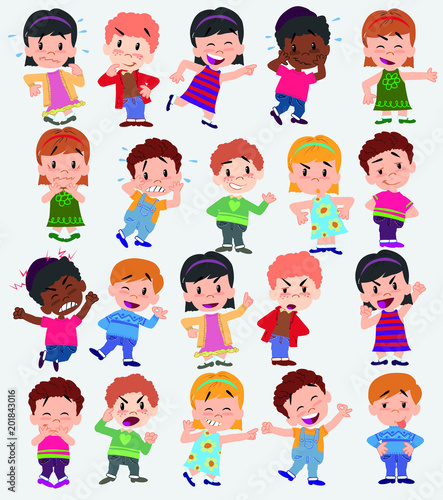 Cartoon character boys and girls. Set with different postures  attitudes and poses  doing different activities. Vector illustrations.