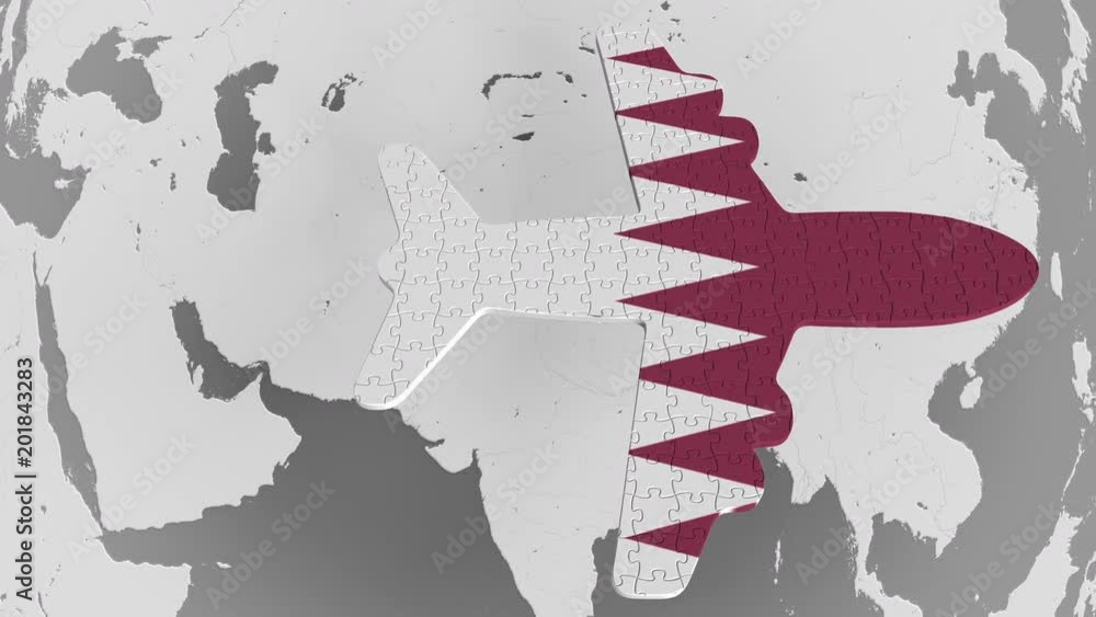 Airplane puzzle featuring flag of Qatar against the world map. Qatari ...
