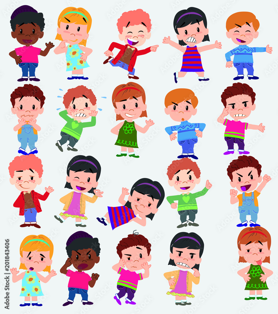 Cartoon character boys and girls. Set with different postures, attitudes and poses, doing different activities. Vector illustrations. Cartoon character boys and girls. Set with different postures, attitudes and poses, doing different activities. Vector illustrations.