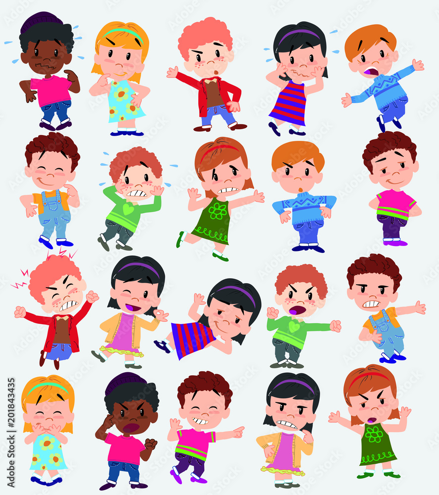 Cartoon character boys and girls. Set with different postures, attitudes and poses, doing different activities. Vector illustrations. Cartoon character boys and girls. Set with different postures, attitudes and poses, doing different activities. Vector illustrations.