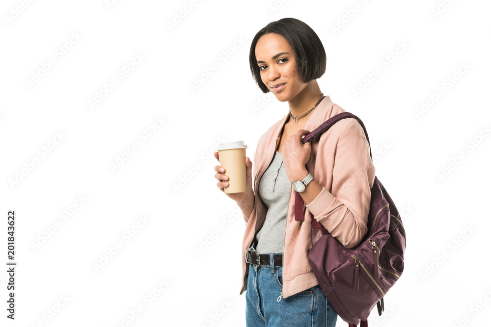 female african american student with backpack and disposable cup of coffee, isolated on white female african american student with backpack and disposable cup of coffee, isolated on white